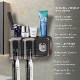 Toothbrush Holder for Bathroom, Tooth Brush Holders Set with Toothpaste Dispenser Wall Mounted, Large Storage Tooth Brushing Holder with Toothbrush Slots Bathroom Accessories (Black+Rose Gold 2 Cups)