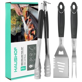 HAUSHOF Large Grill Accessories 3PC Heavy Duty Stainless Steel Spatula Fork Tong
