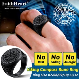 FaithHeart Vegvisir Rings for Man Black, Stainless Steel Norse Viking Stuff Jewelry Old-School Celtic Knot Retro Style Thum Ring Charms Accessories