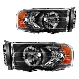 AUTOSITY Headlights Assembly Black Reflector + Amber Compatible With 2002 2003 2004 2005 Ram 1500 2500 3500 Replace 55077120, 55077121