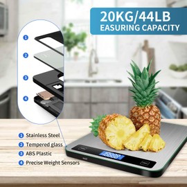 Digitale Küchenwaage Digitalwaage Digital Küchenwaggen 20kg/44lb Elektronische Haushaltswaage mit extra großer Wiegefläche Hochpräzise Lebensmittelwaage LCD Display mit großem Sicherheitsglas und Tara