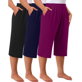 Huukeay 3 Pack Women's Plus Size Capri Pants, Cotton Wide Leg Capris Sweatpants Summer Loose Cropped Yoga Pants with Pockets(Black, Navy Blue, Fuchsia,3X-Large)