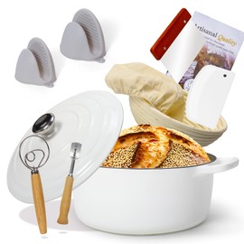 LEADKooKers 5QT Enameled Cast Iron Bread Oven with Proofing Basket for Bread Baking, Bread Making Supplies Tools,Heavy-Duty Cookware for Braising, Stews, Roasting, Bread Baking (White)