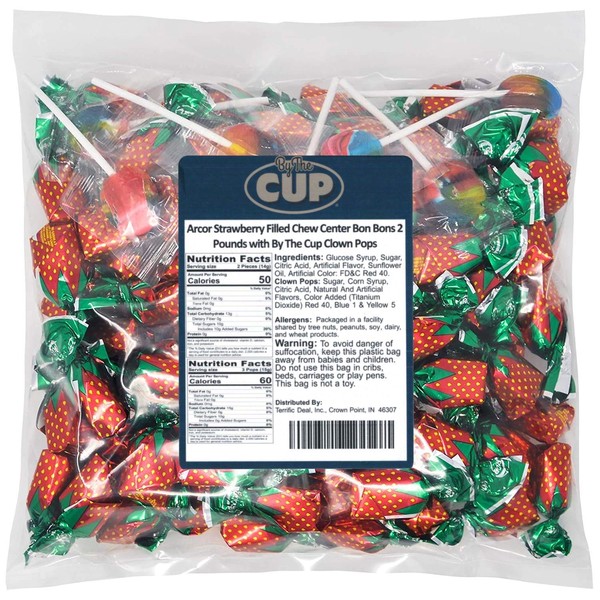 Arcor Strawberry Filled Chew Center Bon Bons 2 Pounds with By The Cup Clown Pops