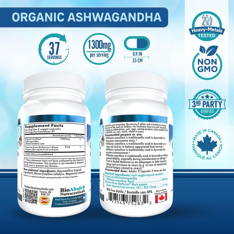 Organic Ashwagandha Supplement 650mg, 18-Day Supply, 75 Count