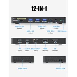ZIUMIER Laptop Docking Station, 12 in 1 USB C Docking Station Dual Monitor - Single 8K or Dual 4K Displays, 1 HDMI, 1 DP, 100W PD, 3x10Gbps USB-A/C Data, 5Gbps USB-A Data, Ethernet, Audio, SD/Micro SD