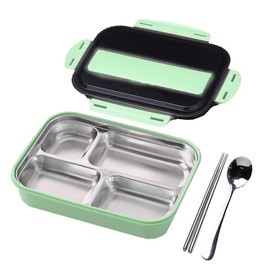 amropi Bento Lunch Box for Adults Kids, Stainless Steel Food Container with 3/4 Compartments and Cutlery Set (Green, 4 Compartment)