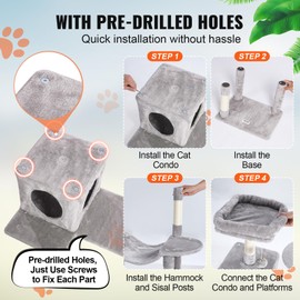 VEVOR Cat Tree for Indoor Cats, 56.2" Cat Tower with Cat Condo, Sisal Scratching Post, Hammock, Top Perch, Jumping Platforms, Large Cat House with Hang Ball, Cat Furniture Activity Center, Light Grey