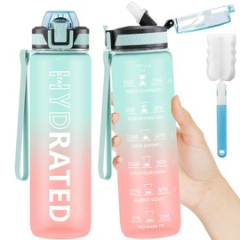 QLUR Water Bottle with Straw, 32oz Sports Motivational Water Bottle, 1L Tritan Water Bottle with Time Markings to Drink & Carry Strap, BPA Free, LeakProof for Women Men Gym Fitness Outdoor (1 Bottle)