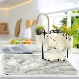 White Marble Dish Drying Mat for Kitchen Counter 18 x 24 Inch Gold Marbling Granite Absorbent Microfiber Dry Dishes Mats Drainer Mat Dish Drying Pad for Countertops
