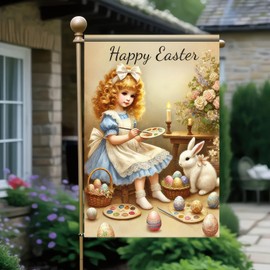 BlissYard Happy Easter Garden Flag 12 x 18 Inches Double Sided Flags Girl Seasonal Eggs Yard Flag "Happy Easter" Sign Outdoor Decors Flag Seasonal Decors Spring Farmhouse Holiday Garden Flag