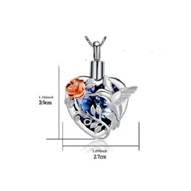 Fashion Jewelry HEART HUMMINGBIRD URN ASHES CREMATION Pendant on 925 Plated Silver 24" Necklace