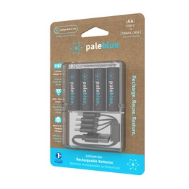 USB Rechargeable AA Batteries by Pale Blue, Lithium Ion 1.5v 1700 mAh, Charges Under 1 Hours, Over 1000 Cycles, 4-in-1 USB-A to USB-C Charging Cable, LED Charge Indicator, 4-Pack