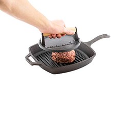 Restaurantware Met Lux 7 x 2.8 Inch Burger Press 1 Heavy-Weight Bacon Press - With Wooden Handle Enamel Coating Black Cast Iron Grill Press Grooved Bottom For Searing Meat