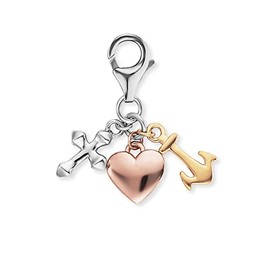 Engelsrufer Women's Charm Pendant Love & Hope Made of Sterling Silver – Three Symbols Cross, Heart and Anchor – Tri-Colour Silver, Gold and Rose Gold – Lobster Clasp – Nickel-Free, Sterling Silver, No