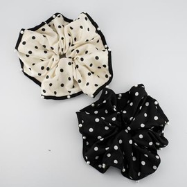 COZYISLE 2 PCS Vintage Polka Dots Silklike Hair Scrunchies Long Hair Eleastic Bands Scrunchy Hair Ties Ropes Ponytail Holders Cloth Bands for Girls and Women (Wave Point+Pearl+Black and white)