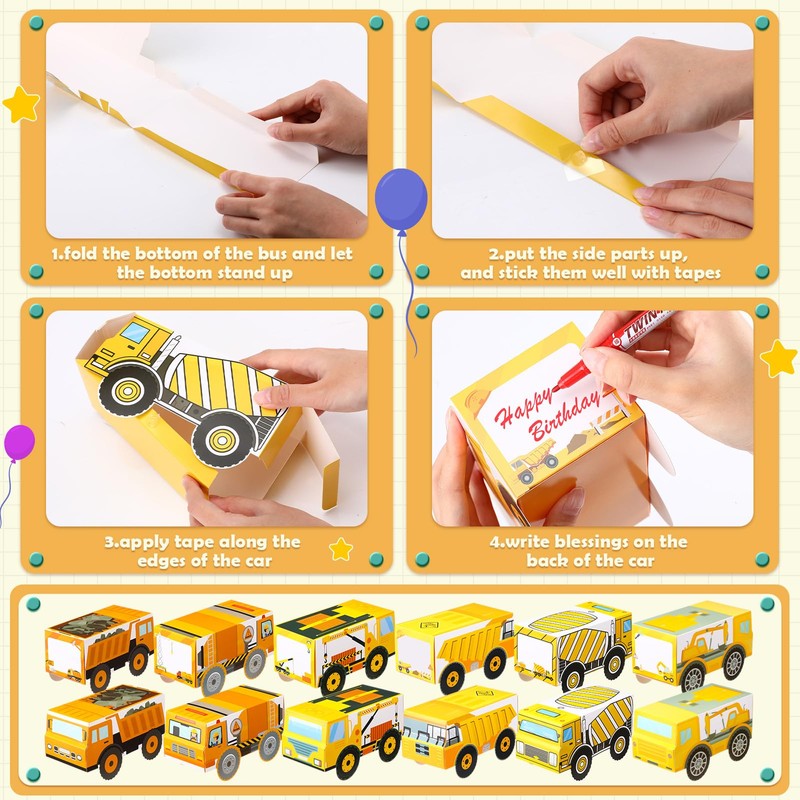 VioraWhite 30 Pcs Construction Themed Party Boxes Construction Truck Treat