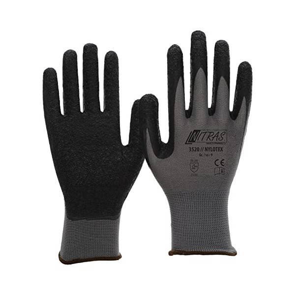 Nitras NITRAS Nylotex 3520 Nylon-Latexhandschuhe Arbeitshandschuhe 12 PAAR, Grau/Schwarz, 8/L,