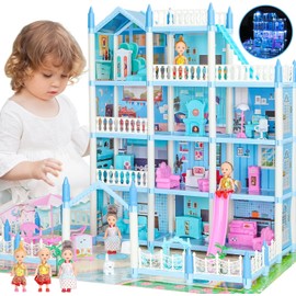 4 Stories 29 Inch Big Doll House 7-8, Dream Dollhouse with Furniture Accessories, 3 Dolls, Lights, Toddler Doll Houses for 4-5 Years Old Girls Boys Pretend Cottage Toy House Gift for Kids 3+