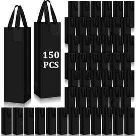 Windyun 150 Pack Paper Wine Gift Bags Bulk with Handle Reusable Small 13.8x3.5x3.9 Inches Liquor Bottle Totes with DIY Blank Thank You Tags for Birthday Wedding Christmas Holiday Party (Black)