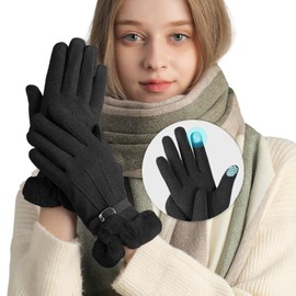 ARZER Women's Gloves, Fleece-Lined, Suede, Thermal, Cold Protection, Commuting to School or Work, Warm, Warm, Five Finger Suede, Winter, Autumn, Cute, Christmas, Birthday, Warm, Gift Present, Black