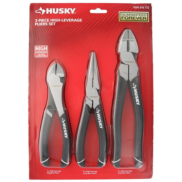 Husky 1006 3 Piece High-Leverage Pliers Set with 7 Inch Diagonal Pliers, 8 Inch Long Nose Pliers, and 9 Inch Linesman Pliers
