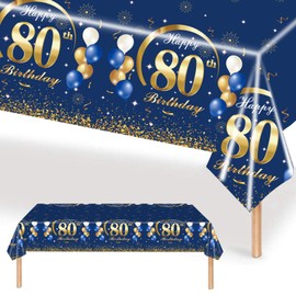 Blue Gold Happy Birthday Tablecloth, Party Tableware Set, Party Accessories, Paper Plate Set, Table Decoration for Birthday, Decoration for Birthday Party 80th