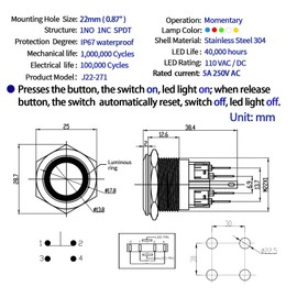 UL Listed 2Pcs Momentary Push Button Switch 22mm 110V 120VAC 1NO 1NC SPDT On Off Waterproof IP67 Stainless Steel 304 with Wire 7/8"