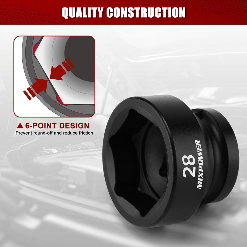 MIXPOWER 1/2" Drive Stubby Impact Socket,CR-MO,28mm,6-Point,Metric,Radius Corner Design, Axle Nut