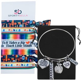 Teacher Gift Set, It Takes a Big Heart to Teach Little Minds Charm Bracelet and Hair Ties Bundle, Teacher Appreciation Jewelry Gift (Teach Little Minds)