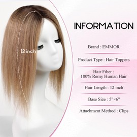 EMMOR Hair Toppers 12 inches for Women,100% Remy Human Hair with 3 Non-slip Clips and 5"×6" Larger Silk Base,Top Hair Pieces for Women with Hair Loss(Ombre Ash Blonde)