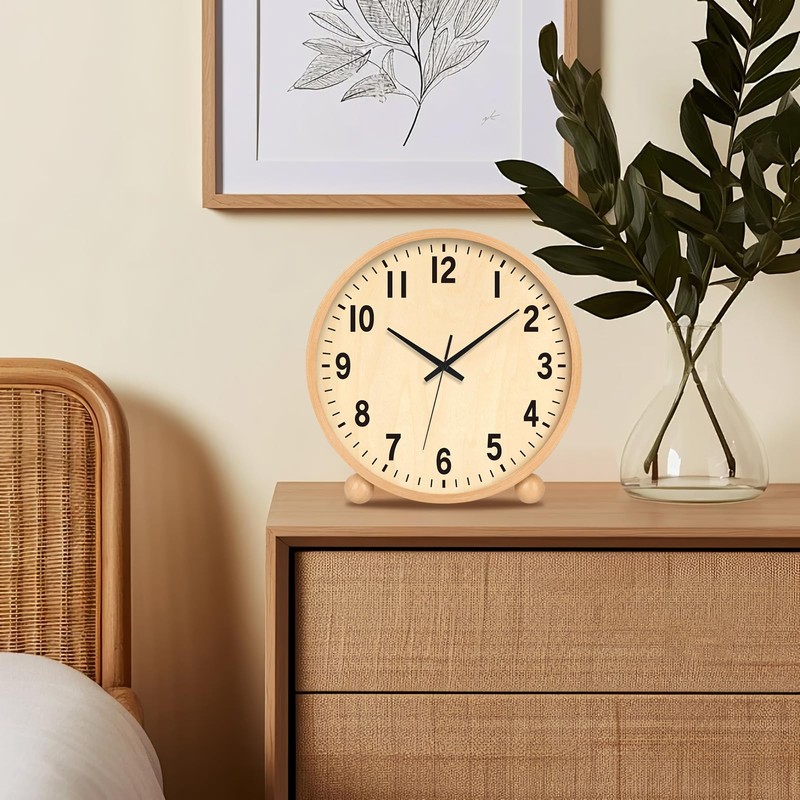 Maxspace Wooden Table Clock,8in Silent Non-Ticking Desk Clock,Battery Operated Desktop