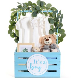 Barydat Wooden Baby Shower Crate Closet Baby Gift Basket Wood Storage Hamper with Handle Garland Newborn Welcome Gift Gender Reveal Pregnancy New Parent(Blue,Boy)
