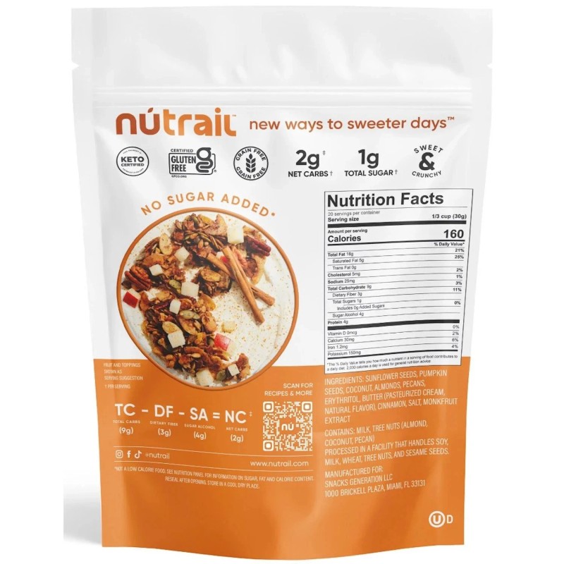 NuTrail Low Carb Keto Nut Granola Cinnamon Pecan 22 oz