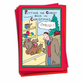 NobleWorks - 12 Funny Christmas Cards for Adults - Cartoon Xmas Humor, Holiday Boxed Greeting Cards (1 Design, 12 Cards) - Christ Back in Christmas B5702