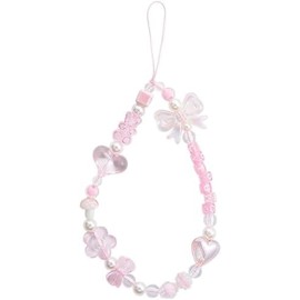 Dwuww Pink Acrylic Beaded Mobile Phone Straps Anti-Lost Hand Strap Pendant Hanging Rope Phone Wrist Hand Lanyard Home Cell Charms Cell Charms Button Stickers Decor Accessories