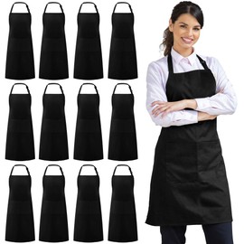 Syntus Paquete de 12 delantales con peto, delantales unisex, ajustables, resistentes a las gotas de agua, con 2 bolsillos, delantal de cocina para che