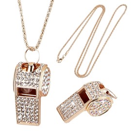 DELORIGIN Coaches Whistle with Lanyard Gold Whistle Necklace Metal Bling Clear Rhinestone Whistle Chain Shining Crystal Whistle with Lanyard for Women Teachers Coacheses Referees Training Accessories