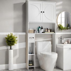 infurnic Over The Toilet Storage Cabinet, Farmhouse Wooden Storage Cabinet Over Toilet Bathroom Organizer with Adjustable Shelves Toilet Paper Holder for Bathroom，Laundry Room&Small Space, White