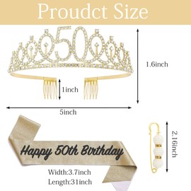 POPOYU 50th Birthday Crown and Sash, Crown 50th Birthday Women, 50th Birthday Tiara, Gold, Crown 50th, 50th Birthday Girl Headpiece for Birthday Gift, Party Supplies