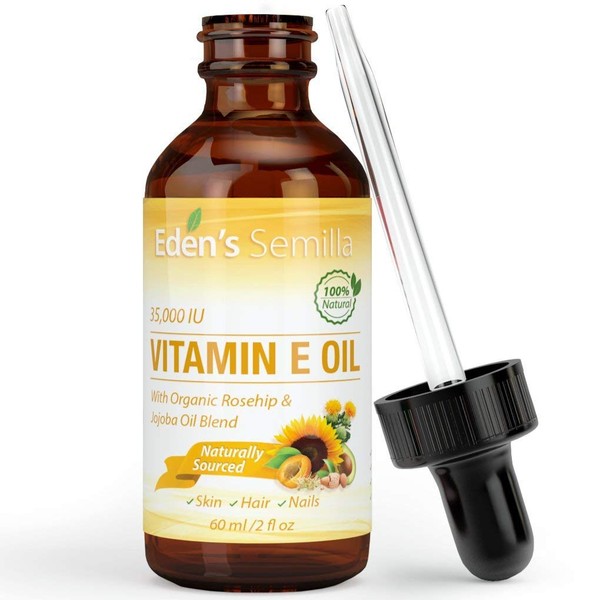 100% Plant Extract Vitamin E Oil 35,000 IU + Organic Rosehip & Jojoba Blend - 2 OZ Bottle. FAST Absorbing Skin Protection For Face & Body. Pure Ingredients - Ideal For Sensitive Skin - Use Daily