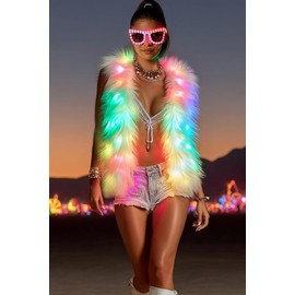 SHINYOU Men Women Light Up faux fur Coat Vest, Smart LED Light Up SYNC Vest,Glow Fluffy Sparking Costume (White Women, XXL)