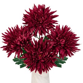 Oairse 6'' Large Artificial Chrysanthemum Flowers 4pcs Silk Flower with 65cm Long Stem Fake Flowers Faux Spider Mums Flowers Red Flower for Autumn Decor Flora Arrangement Bridal Bouquet