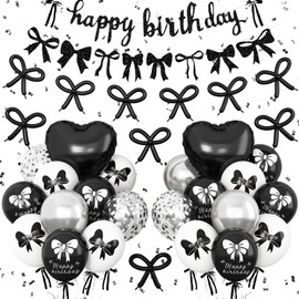 Black Bow Birthday Decorations,Bow Coquette Party Decorations with Happy Birthday Banner Black Silver white Bow Balloons Heart Foil Balloons for Girls Women Bow Theme Decor