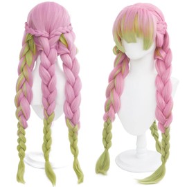 Pink Gradient Green Three Braided Long Wig for Women Hair