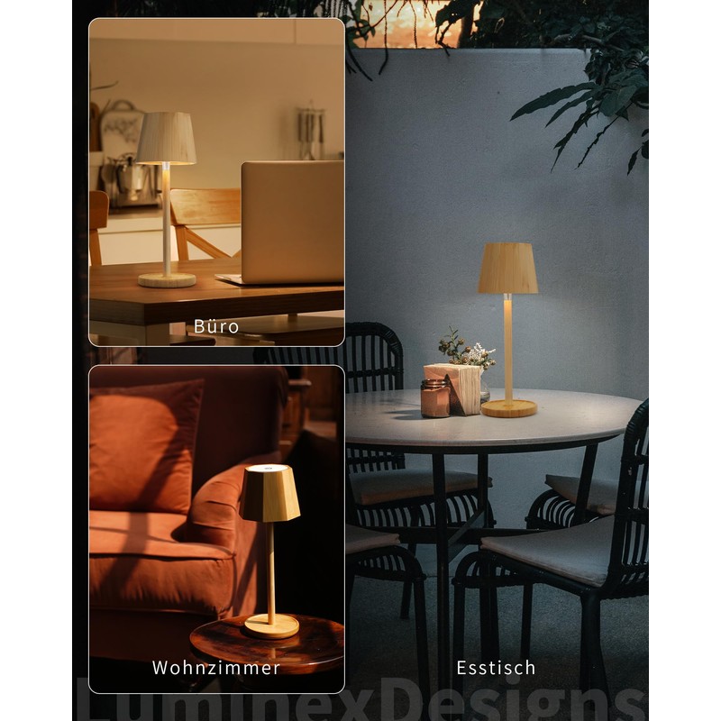 LuminexDesigns Bamboo LED Table Lamp Wireless Dimmable Lamp 3000K/4000K/6000K 5200mAh