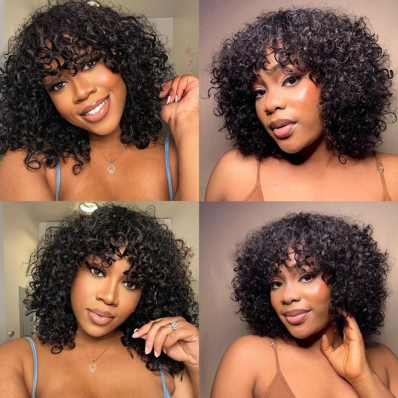 Glueless Black Short Curly Human Hair Wigs with Bangs Wear