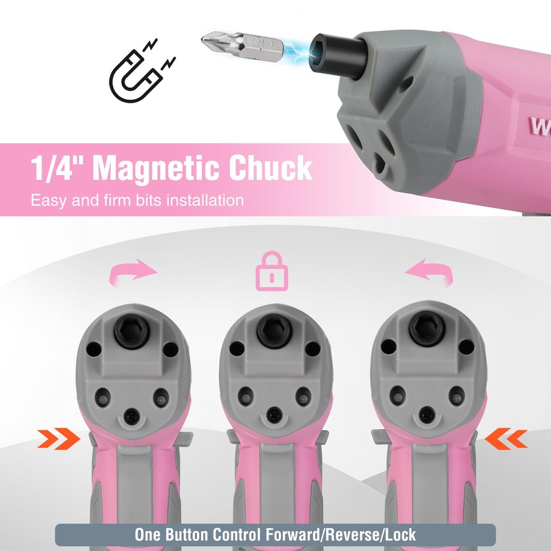 WORKPRO Pink Cordless Screwdriver Set, 3.6V Electric Rechargeable Eccentric Power