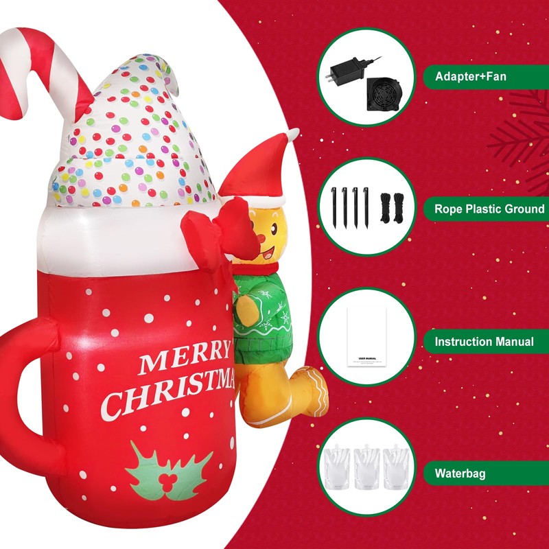 QEOIYDE 4.5FT Christmas Inflatable Ice Cream Cups with Gingerbread Men