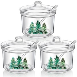 Whaline 3Pcs Christmas Acrylic Sugar Bowl with Lid Spoon Forest Tree Xmas Candy Jar Clear Kitchen Storage Container for Coffee Hot Cocoa Bar Supplies Accessories